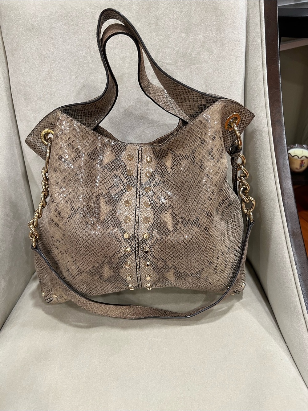 Michael Kors Taupe Snake-Print Shoulder Bag with Gold Hardware